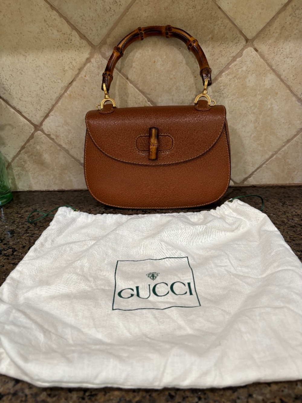 Authentic Gucci 1990s 1947 bamboo handle brown pebbled leather handbag purse